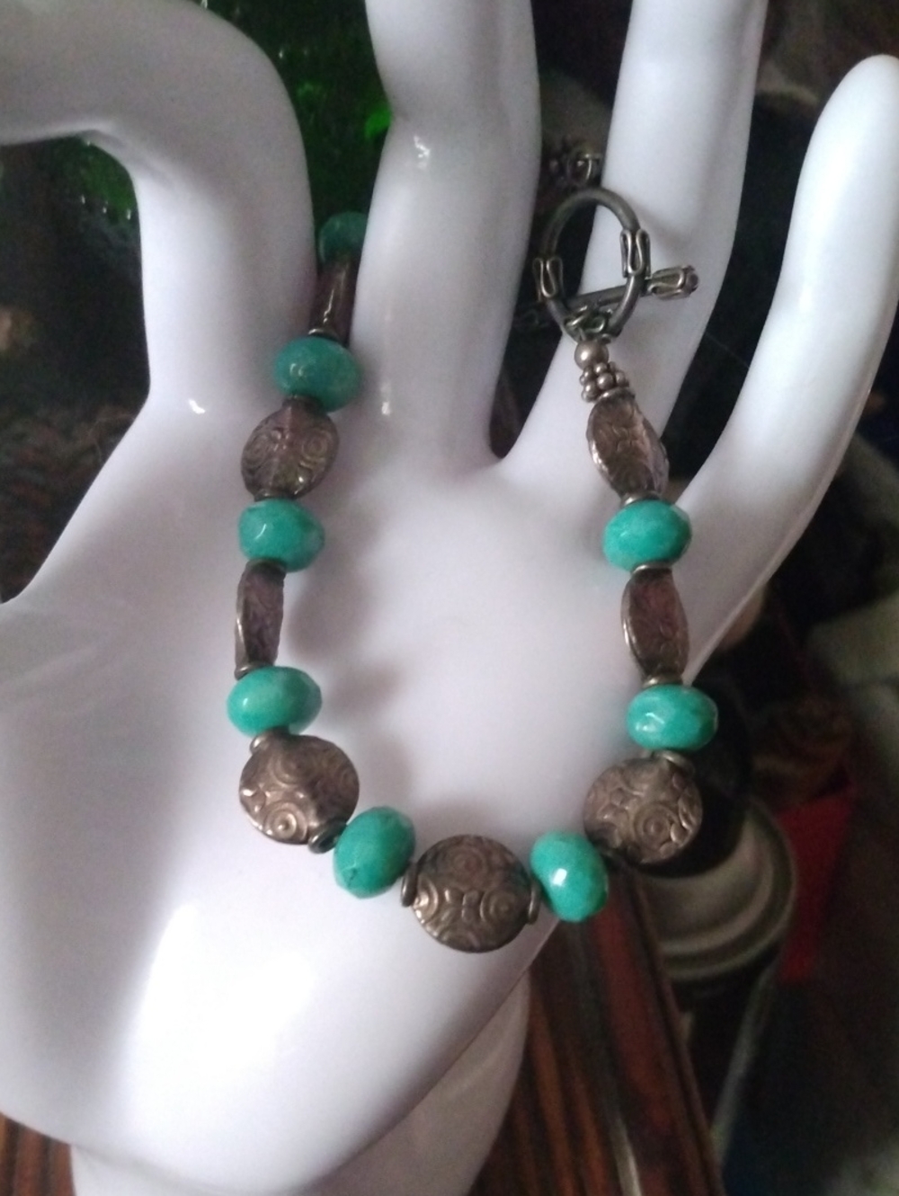 Handcrafted Turquoise Bead & Tribal Metal Bracelet size 7